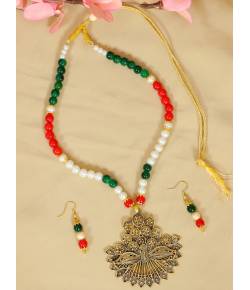 Crunchy Fashion Ethnic Gold-Plated Multicolor Pearl Peacock Design Pendant Jewellery Set RAS0448