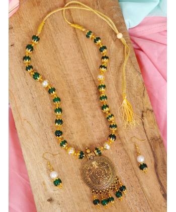 Gold-Plated Yellow & Green Long Pearl Drop Pendant Jewellery Set 