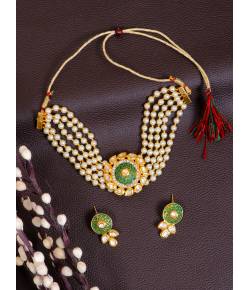 Crunchy Fashion Trendy Gold-Plated Indian Choker White Pearl & Kundan Green Jewellery Set RAS0465