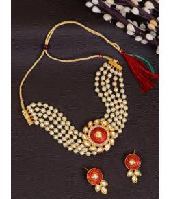 Crunchy Fashion Trendy Gold-Plated Indian Choker White Pearl & Kundan Red Jewellery Set RAS0466