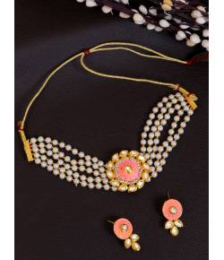 Crunchy Fashion Trendy Gold-Plated Indian Choker White Pearl & Kundan Pink Jewellery Set RAS0467