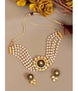 Crunchy Fashion Trendy Gold-Plated Indian Choker White Pearl & Kundan Black Jewellery Set RAS0468