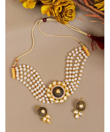 Crunchy Fashion Gold-Plated Indian Choker White Pearl & Kundan Black Jewellery Set RAS0468