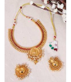 Crunchy Fashion Traditional Gold-plated Lakshmi Temple Red Kundan Jewellery Set RAS0475