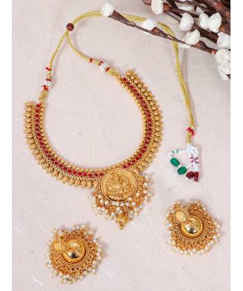 Crunchy Fashion Traditional Indian Red Kundan Gold-plated Temple Jewellery Set for Women