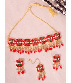 Indian Gold-Plated Red Meenakari/Pearl  Choker Jewellery Set 