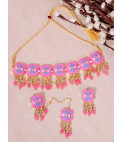 Indian Gold-Plated Pink Meenakari/Pearl  Choker Jewellery Set 