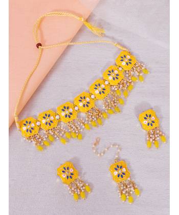 Crunchy Fashion Indian Gold-Plated Yellow Meenakari  Rajasthani Design Choker Jewellery Set RAS0483