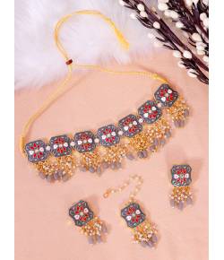 Crunchy Fashion Indian Gold-Plated Grey  Meenakari  Rajasthani Design Choker Jewellery Set RAS0484