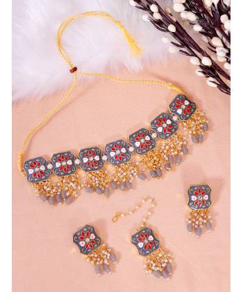 Crunchy Fashion Indian Gold-Plated Grey  Meenakari  Rajasthani Design Choker Jewellery Set RAS0484