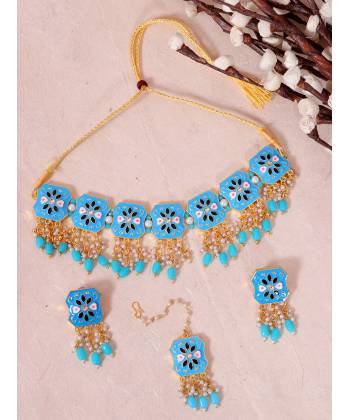Crunchy Fashion Indian Gold-Plated Sky  Blue Meenakari  Rajasthani Design Choker Jewellery Set RAS0485