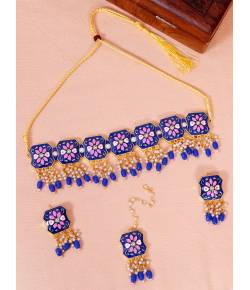 Crunchy Fashion Indian Gold-Plated Royal Blue Meenakari  Rajasthani Design Choker Jewellery Set RAS0486