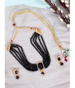 Crunchy Fashion Trendy Black Pearl & Emerald Stone Gold-Plated Choker Jewellery set RAS0491