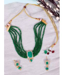 Crunchy Fashion Trendy Green Pearl & Emerald Stone Gold-Plated Choker Jewellery set RAS0492
