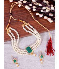 Crunchy Fashion Elegant White Pearl & Green Stone Pendant Choker Gold-Plated Jewellery Set RAS0493