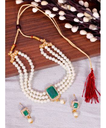 Crunchy Fashion Elegant White Pearl  Green Stone Pendant Choker Jewellery Set RAS0493