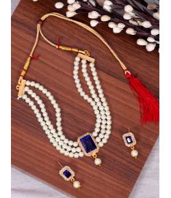 Crunchy Fashion Elegant White Pearl & Blue Stone Pendant Choker Gold-Plated Jewellery Set RAS0494