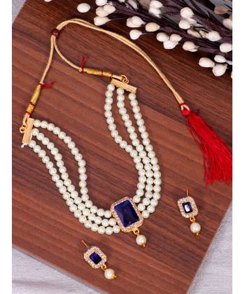 Crunchy Fashion Elegant White Pearl  Blue Stone Pendant Choker Jewellery Set RAS0494