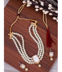 Crunchy Fashion Elegant White Pearl & White Stone Pendant Choker Gold-Plated Jewellery Set RAS0495