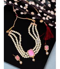 Crunchy Fashion Elegant White Pearl & Light-Pink Stone Pendant Choker Gold-Plated Jewellery Set RAS0496