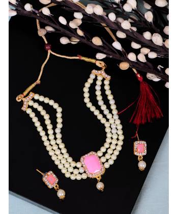 Crunchy Fashion Elegant White Pearl  Light-Pink Stone Pendant Choker Jewellery Set RAS0496