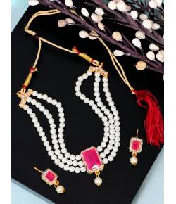 Crunchy Fashion Elegant White Pearl & Pink Stone Pendant Choker Gold-Plated Jewellery Set RAS0497