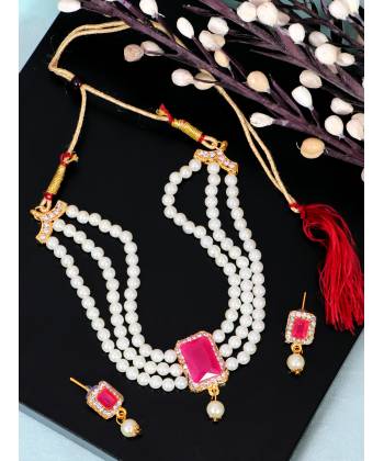 Crunchy Fashion Elegant White Pearl Pink Stone Pendant Choker Jewellery Set RAS0497