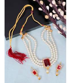 Crunchy Fashion Elegant White Pearl & Red Stone Pendant Choker Gold-Plated Jewellery Set RAS0498