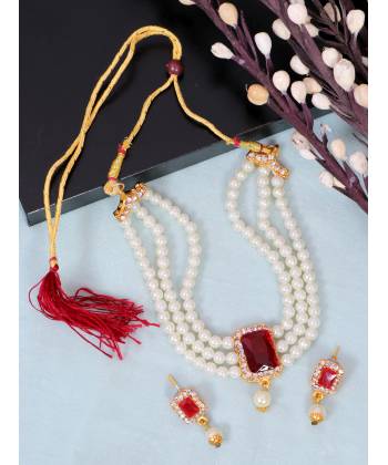 Crunchy Fashion Elegant White Pearl  Red Stone Pendant Choker  Jewellery Set RAS0498