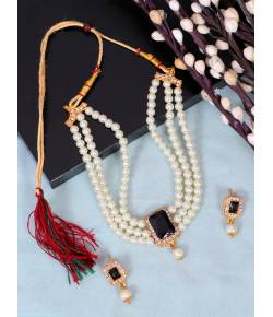 Crunchy Fashion Elegant White Pearl & Black Stone Pendant Choker Gold-Plated Jewellery Set RAS0499
