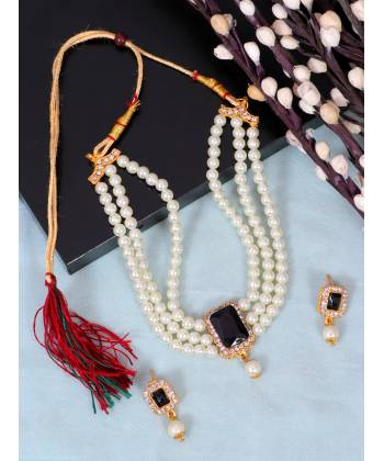 Crunchy Fashion Elegant White Pearl Black Stone Pendant Choker  Jewellery Set RAS0499