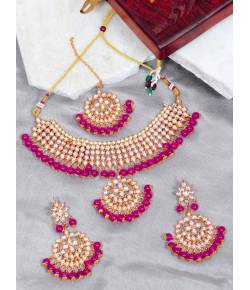 Crunchy Fashion Ethnic Gold-Plated Kundan Royal Pink Beaded Handcrafted Wedding Jewellery Set RAS0500