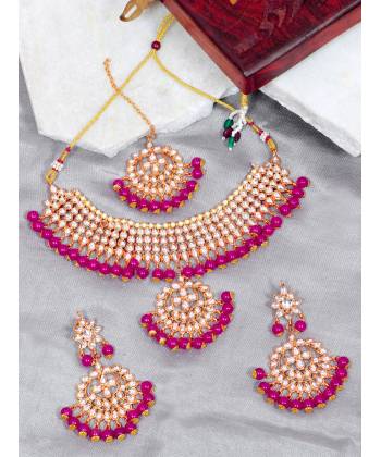 Crunchy Fashion Ethnic Gold-Plated Royal Pink Beaded Enameled Wedding Jewellery Set RAS0500