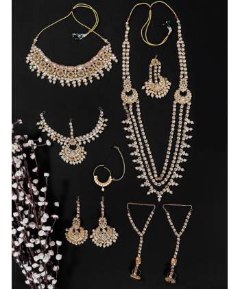 Crunchy Fashion Indian Bridal Gold & White Kundan Long Wedding Collection Jewellery Sets RAS0512