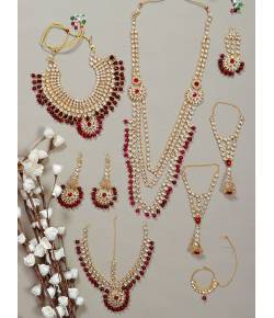 Crunchy Fashion Traditional Gold-Plated Kundan Maroon Pearl Bridal Dulhan Jewellery SetsRAS0516