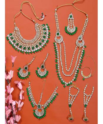 Crunchy Fashion Traditional Gold-Plated Kundan Green Pearl Bridal Dulhan Jewellery Sets RAS0517