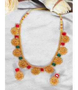 Crunchy Fashion Gold-Plated Traditional Floral Multicolor Kundan Stone Jewellery Set RAS0525