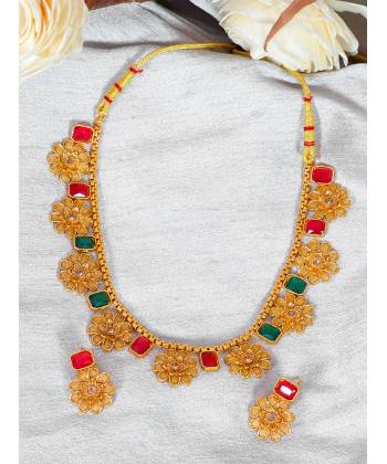 Crunchy Fashion Gold-Plated Traditional Floral Multicolor Kundan Stone Jewellery Set RAS0525