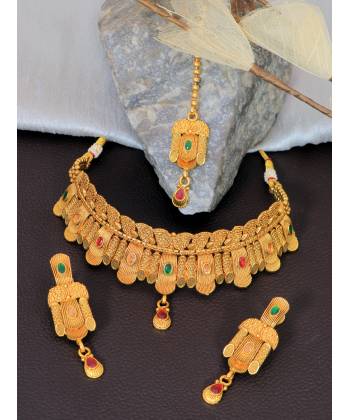 Crunchy Fashion Traditional Gold Plated Red & Green Stone Choker Jewellery Set RAS0535