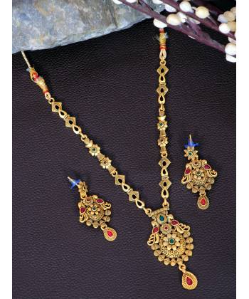Crunchy Fashion Gold-Plated Antique Morni Kundan Long Jewellery Set RAS0537