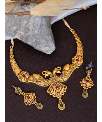 Crunchy Fashion Gold-Plated Traditional Peacock Choker Jewellery Set RAS0538