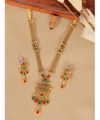 Crunchy Fashion Gold-Plated  Antique Multicolor Stone Pendant Set RAS0539