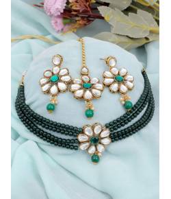 Crunchy Fashion Gold-Tone Green Pearl Kundan Jewellery Set RAS0549