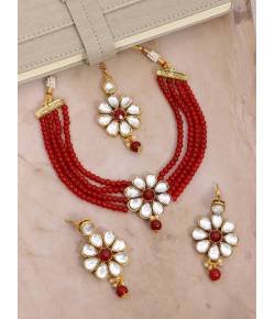 Crunchy Fashion Gold-Plated Red Studded & Pearl Beaded Jewellery Set RAS0550