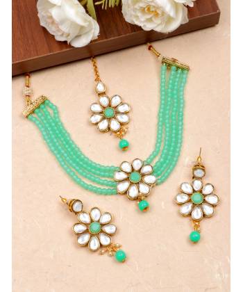 Crunchy Fashion Gold-Plated Sea- Green Studded & Pearl Beaded Jewellery Set RAS0552