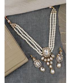 Crunchy Fashion Gold-Plated Kundan Studded Multilayered White Faux Pearl Jewellery Set RAS0553