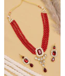 Crunchy Fashion Gold-Plated Kundan Studded Multilayered & Red Faux Pearl Jewellery Set RAS0555