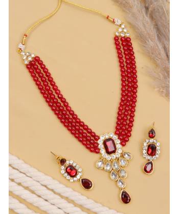 Crunchy Fashion Gold-Plated Kundan Studded Multilayered & Red Faux Pearl Jewellery Set RAS0555