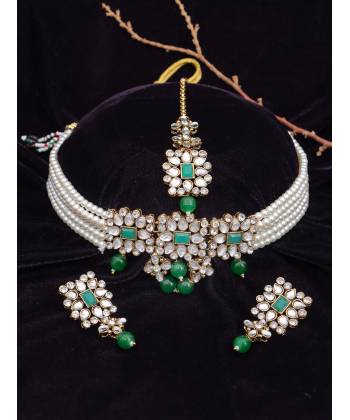 Crunchy Fashion Gold-Tone White & Green Kundan Studded & Beaded Choker Jewellery Set RAS0556
