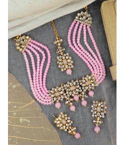Crunchy Fashion Gold-Tone Pink Kundan Studded & Beaded Choker Jewellery Set RAS0557